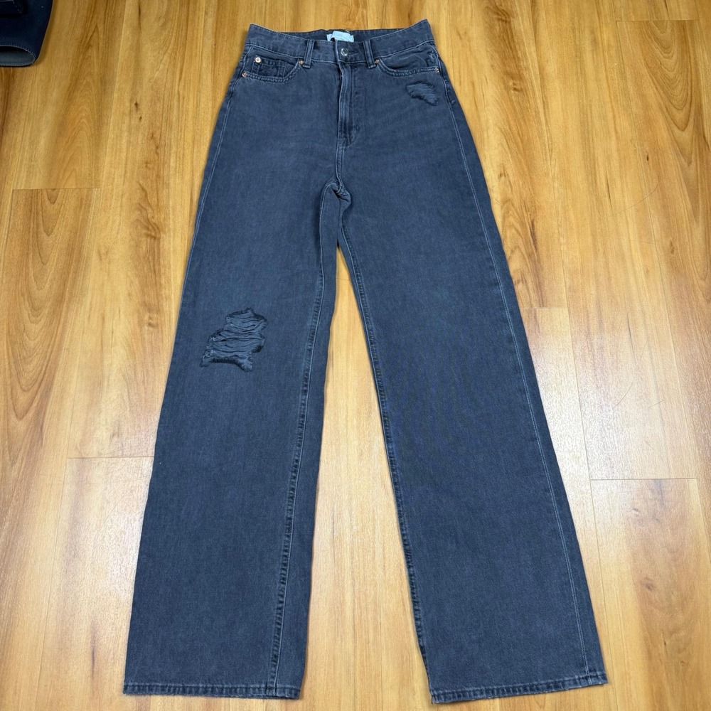 HM Women High Waisted Wide Leg Distressed Jeans Washed Black Size 4 0941362‎ 3